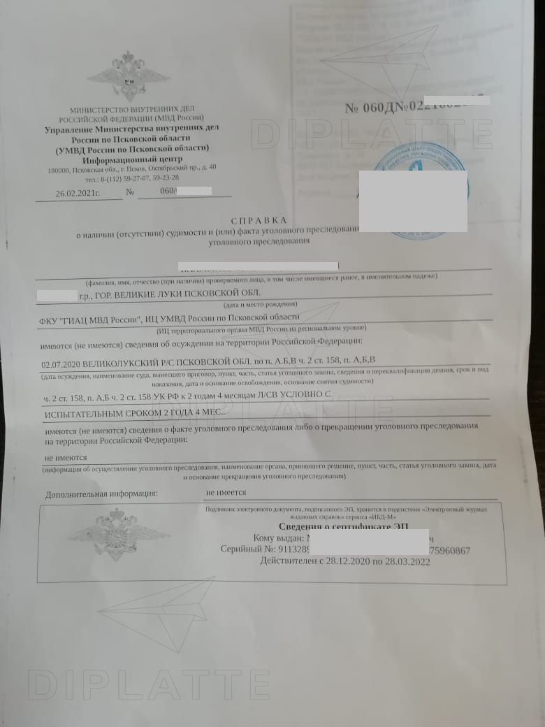 Справка о судимостях из МФЦ Псковской области г. Великие Луки (2021 г.)
